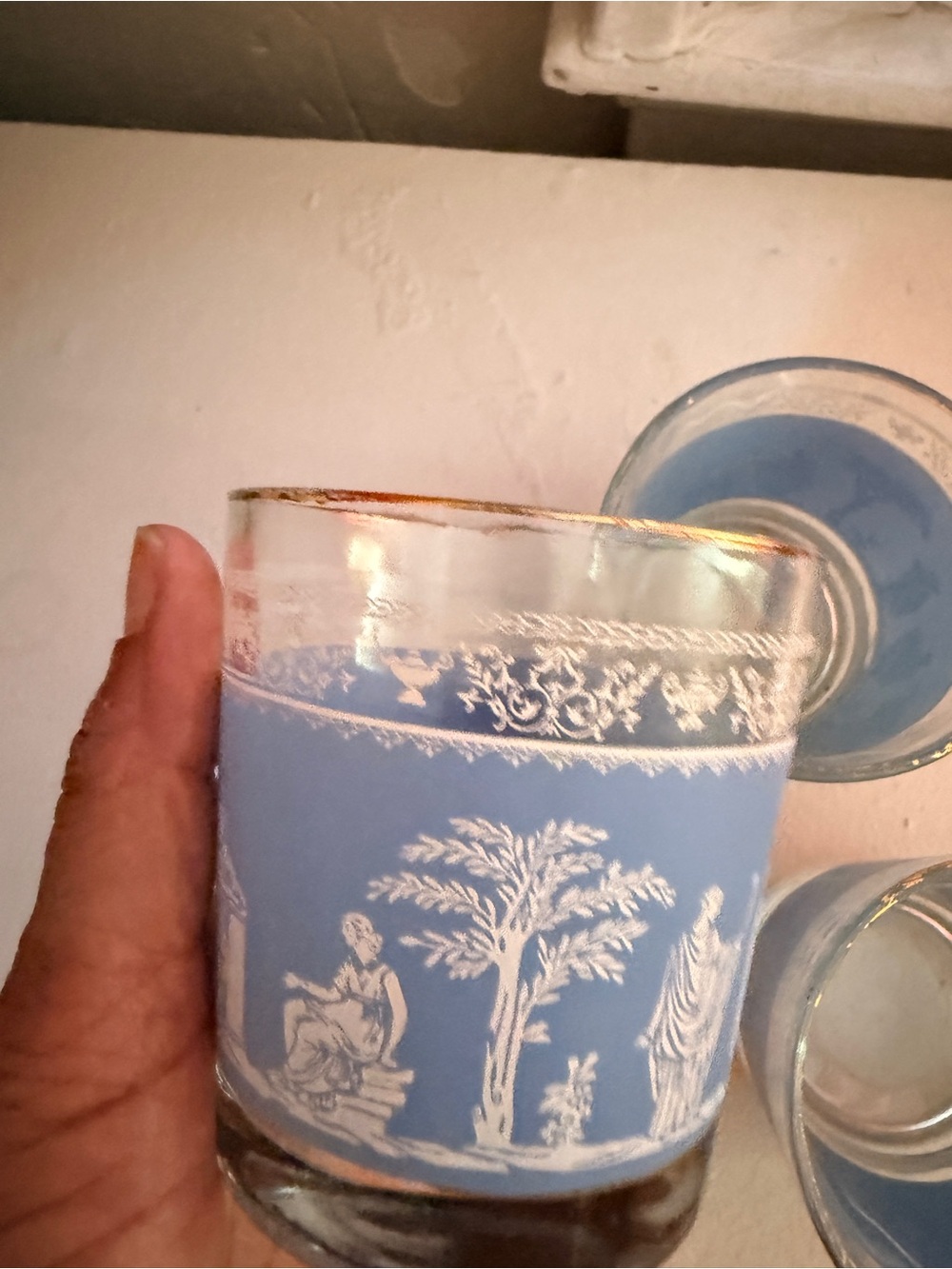 Vintage Jeannette Hellenic Blue Lowball Glasses Set of 3 Greek Roman